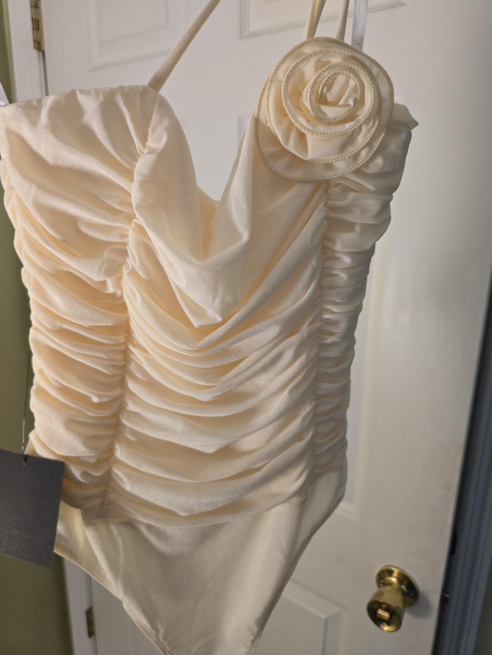 NWT Lulu's Ruched Cream Spaghetti-Strap Bodysuit with Flower Accent - Picture 5 of 5